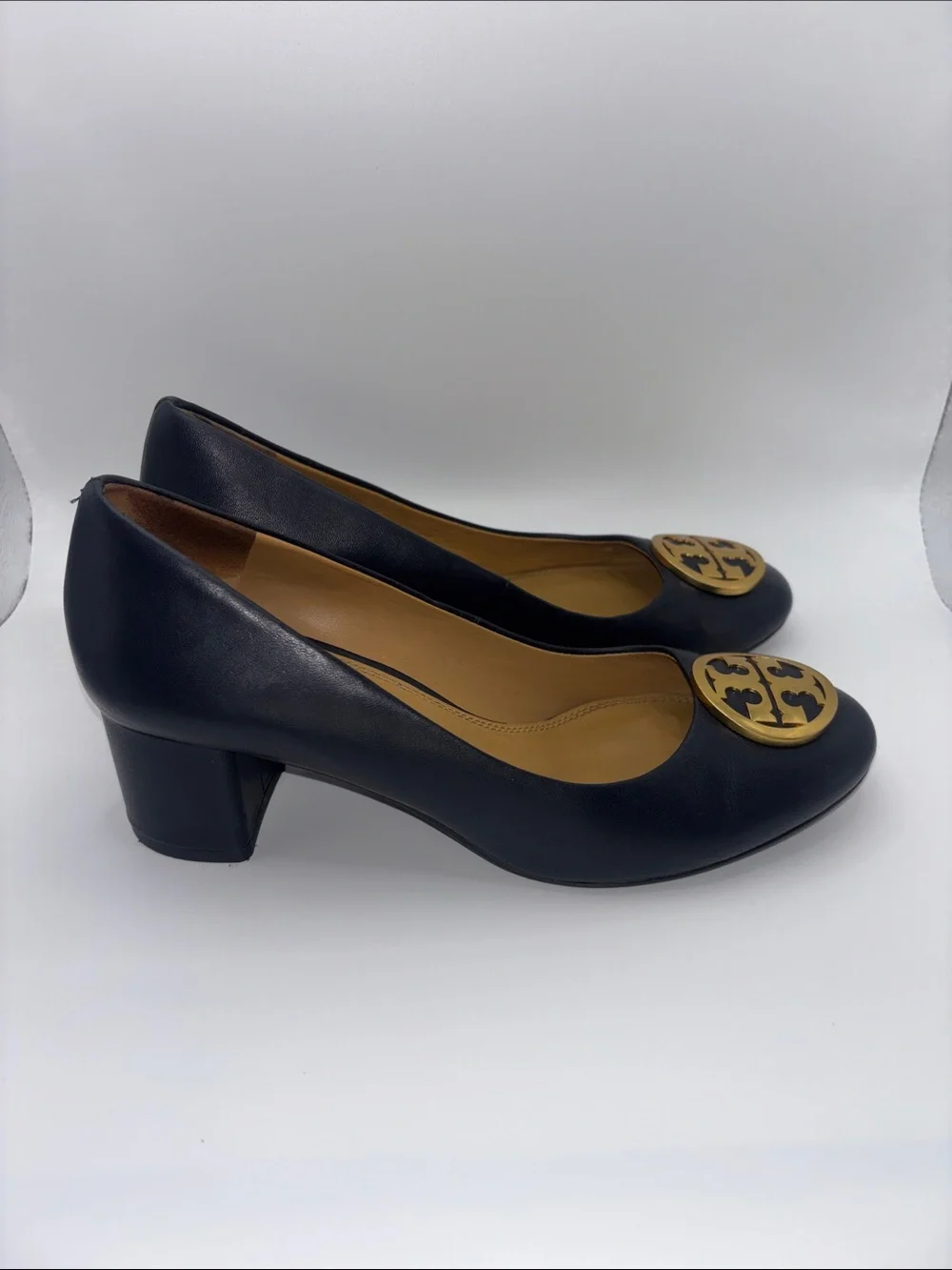 Tory Burch Navy Leather Logo Block Heels
